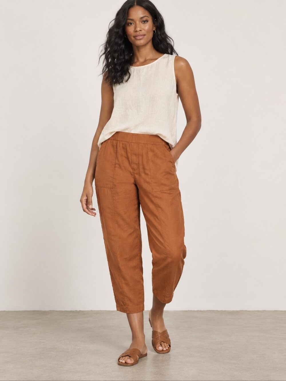 ❤️ EILEEN FISHER ORGANIC LINEN RELAXED TAPERED PULL ON CROPPED PANTS, SMALL